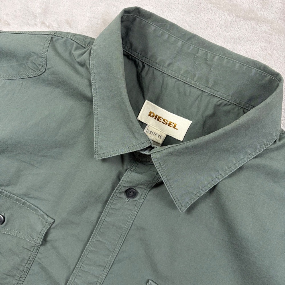 Diesel Mens XL Green Short Sleeve Button Up Utility Shirt Military Style
